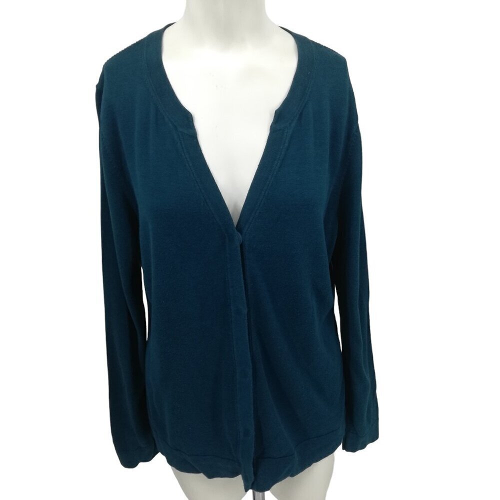 Cabi Ever Cardigan Sweater Size L Teal Open Knit Lined Snap Long SleeveV-Neck